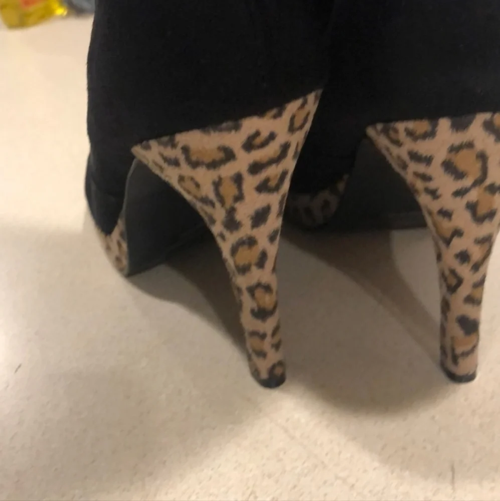 Faux Suede Pull On Thigh High Boots Stiletto Platform Leopard Print Heels
